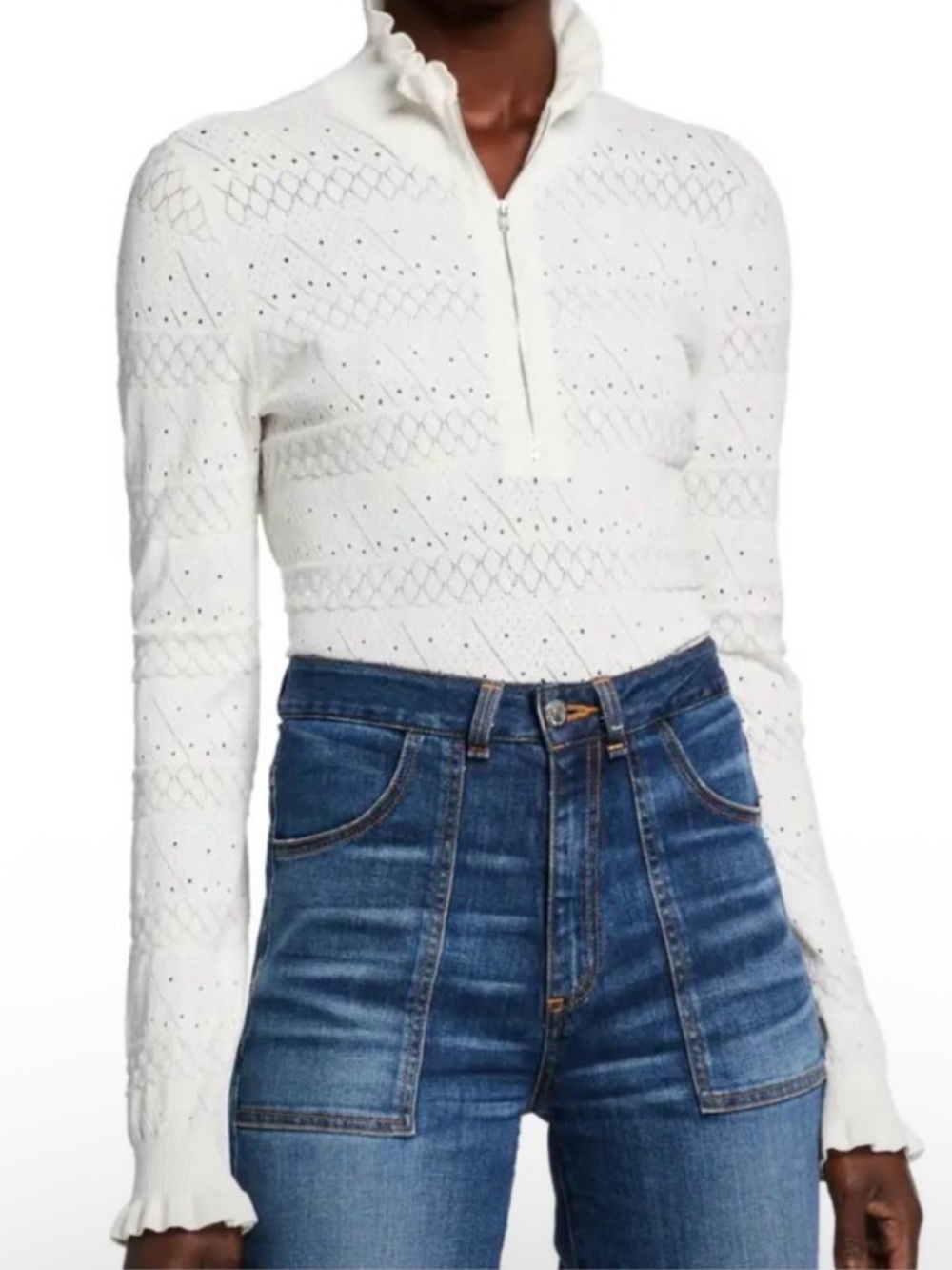 Veronica Beard / Black Half-Zip Sweater Pointelle Knit